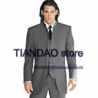 black formal mens suit 3 piece stand collar blazer pants vest wedding groom tuxedo business jacket set prom dress