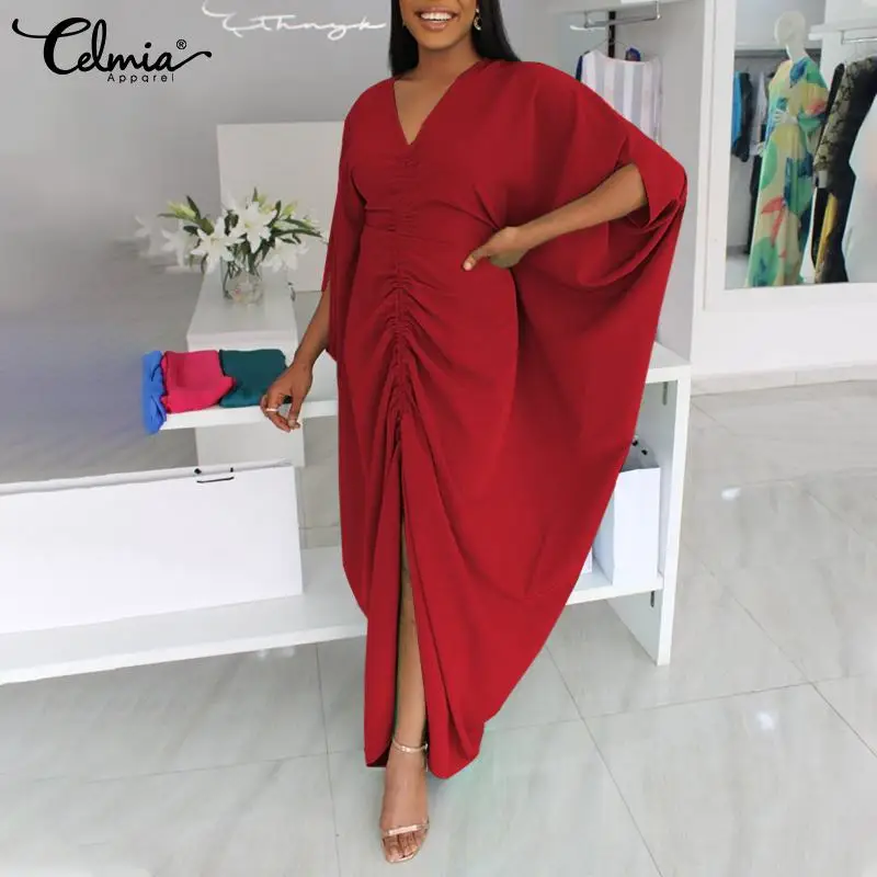 

Модель 2022 года, осеннее платье-макси Celmia большого размера для женщин, однотонный длинный сарафан с рукавом летучая мышь, повседневное однот...