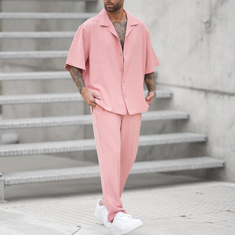 

Summer Solid Two Piece Set Men's Clothing Short Sleeve Lapel Button t Shirts & Long Pants Suit For Male Tracksuit Casual Outfit