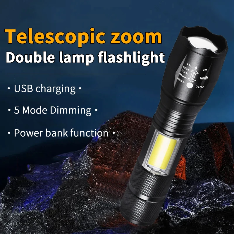 3 mode dimming telescopic zoom built-in lithium battery dual lamp flashlight outdoor adventure light