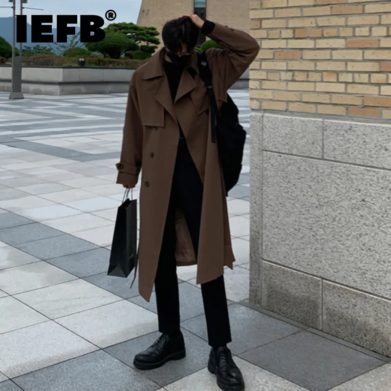 

Ветровка IEFB в Корейском стиле для мужчин и женщин, свободный Тренч средней длины до колена, одинаковая стандартная одежда для пар, 9C1888