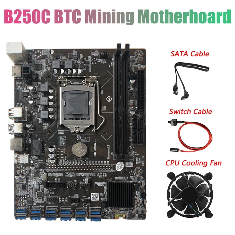 B250C Материнская плата BTC Miner с кабелем SATA + переключателя вентилятором 12XPCIE к слоту