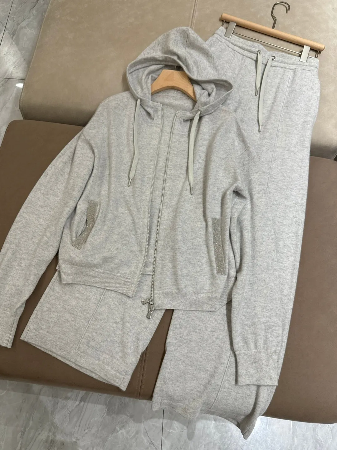 Женский кашемировый брючный костюм трикотажный кардиган с длинным рукавом и