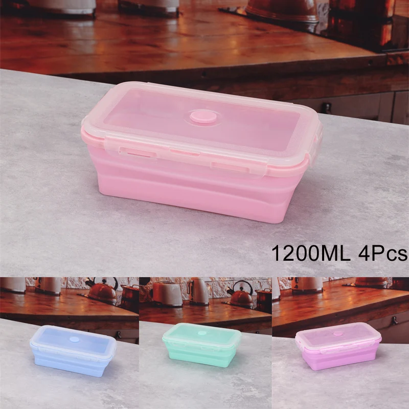 

4Pcs Set Rectangle Silicone Fold Lunch Bento Box School Food Fruit Storage Container Picnic Portable Bowl Kitchen Accessories
