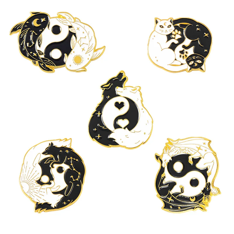 

Эмалированные заколки Tai Ji с животными коллекция Инь Янь кошка рыба волк Броши с лисой Сумочка лацкан значок ювелирные изделия подарок