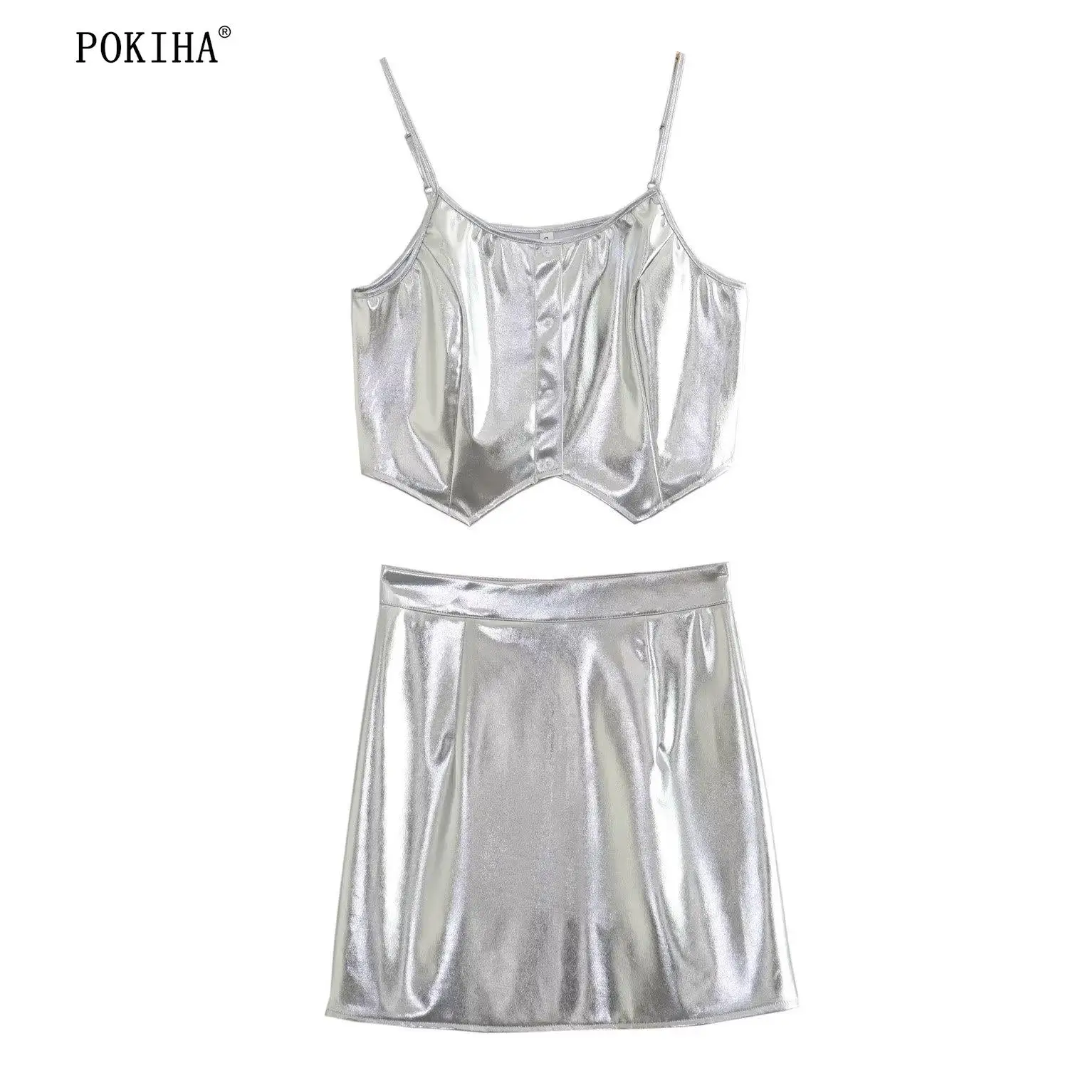 

Pokiha 2023 Fashion Metallic Silvery Straps Slip Crop Tops Sleeveless High Waisted Slim Skirt Two Piece Sets Party Club Prom Y2k
