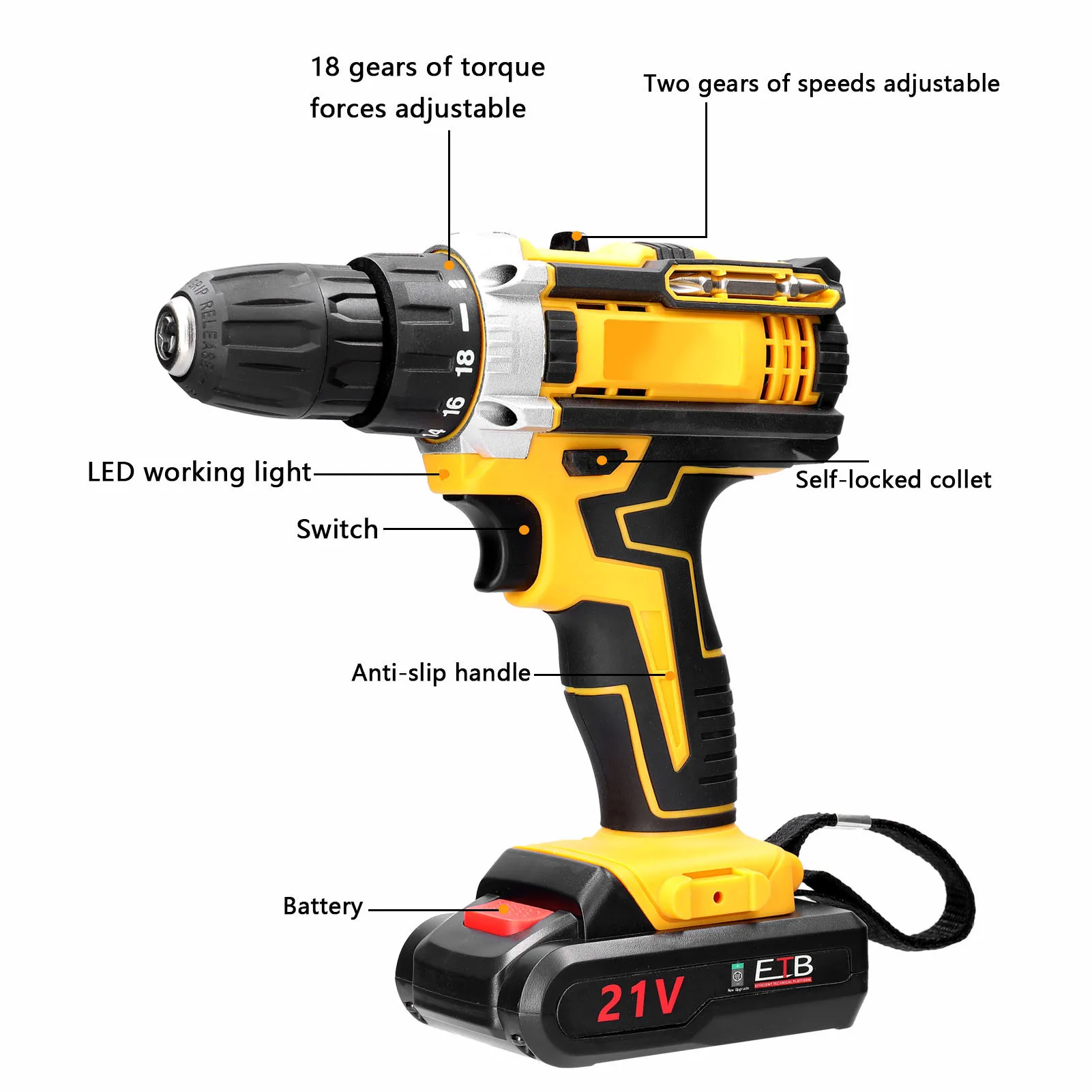 

21V Cordless Screwdriver Drill Power Tools Wireless Drills Rechargeable Drill Set for Electric Screwdriver Battery Driller Tool