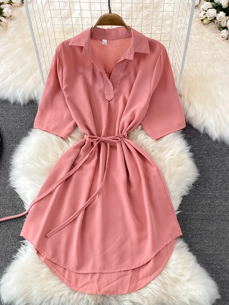 

Женское платье-рубашка в Корейском стиле, повседневное свободное однобортное платье средней длины с поясом и воротником-поло, лето 2022