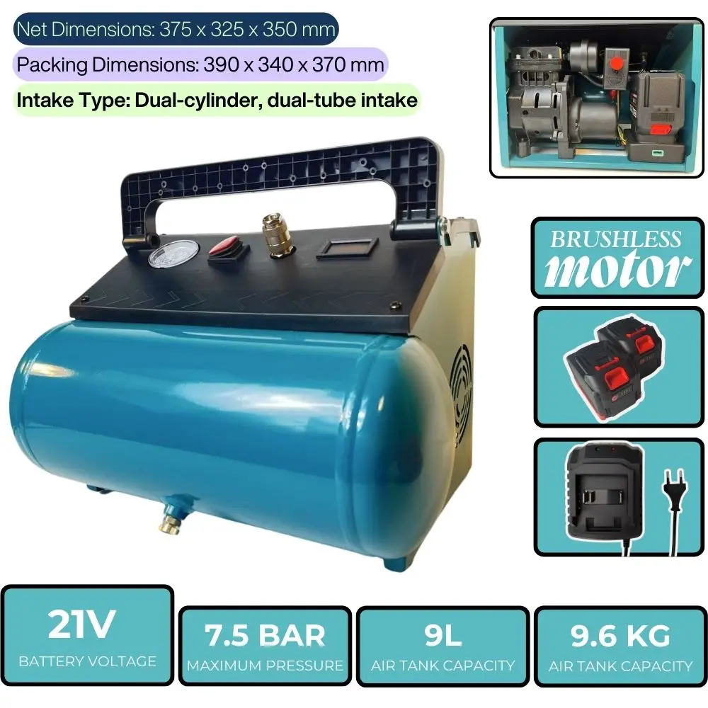 

Тихий бесщеточный беспроводной воздушный компрессор из чистой меди, 9 л, 7,5 бар, бесщеточный, безмасляный, маленький электрический воздушный компрессор из чистой меди
