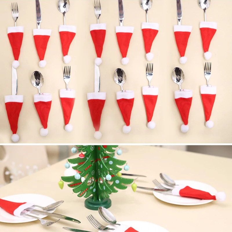 

10pcs Christmas Decorations Tableware Holder Bag Christmas Hat Tableware Fork Knife Cutlery Bag Xmas Home Decor Christmas