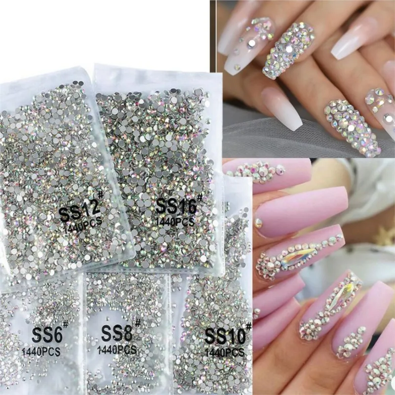 

1440Pcs Flatback Glass Nail Crystal Rhinestones AB White 3D Nail Art Glitter Decoration SS3-SS16 Shiny Gems Manicure Accessories