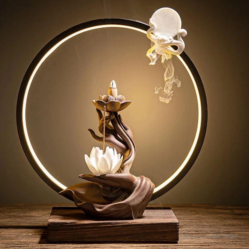

Waterfall Incense Burner Backflow Ceramic with Led Light Pink Lotus Incencse Cone Holder Bouddha Censer Zen Tea Room Home Decor