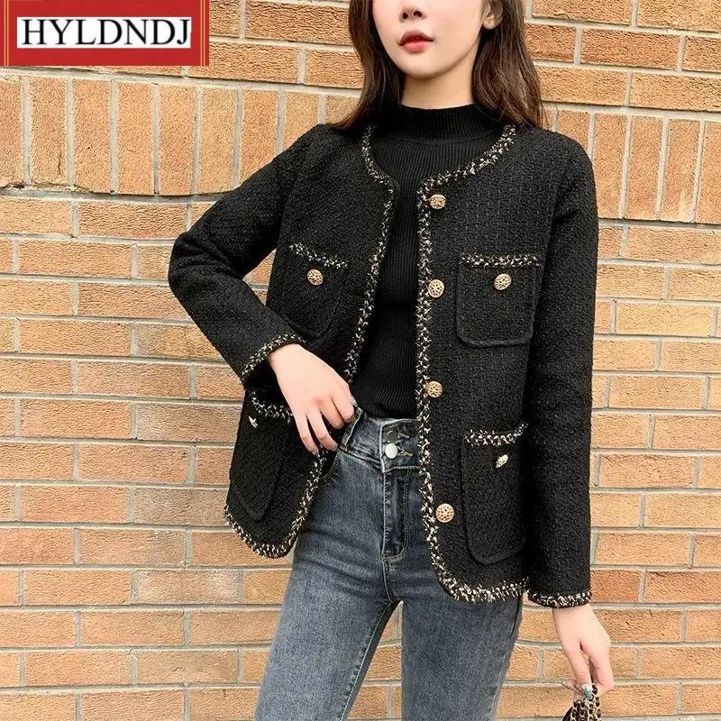 Double Breasted Fashion Suit Coats Black Plaid Blazer Women Autumn Winter Thicken Tweed Turn-Down Collar Vintage Blazer Jacket