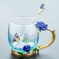 enamel transparent glass coffee tea mug blue roses heat resistant cup set with stainless steel spoon coaster and wipe cloth