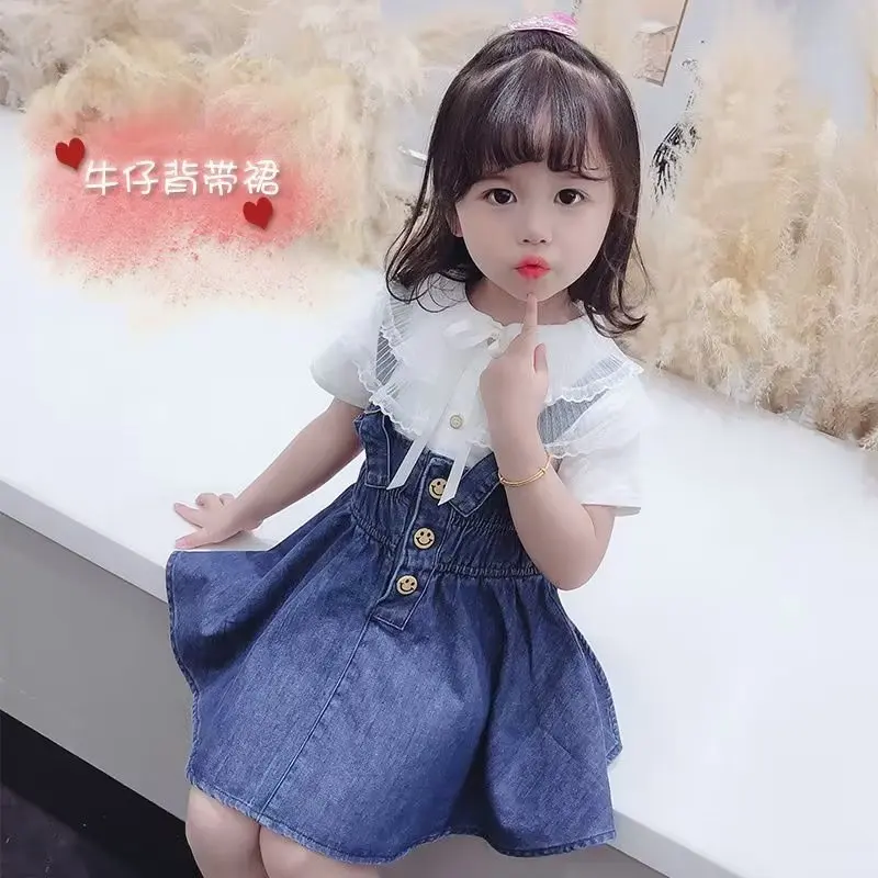 

Summer 2pcs Dress Sets Suspender Dess And T Shirt Letter Cotton Denim Child ClothingToddler Outfits Baby Girls 2 3 4 5 6 7 T