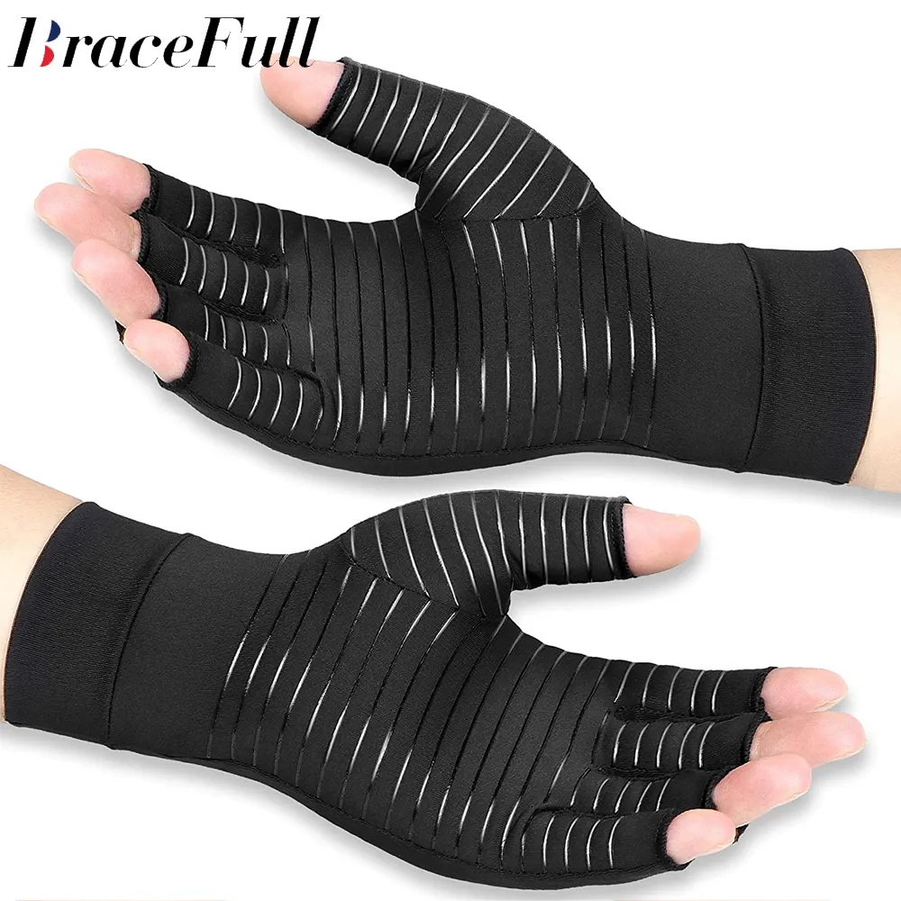 1Pair Copper Arthritis Compression Gloves Women Men Relieve Hand Pain Swelling and Carpal Tunnel Fingerless for Typing