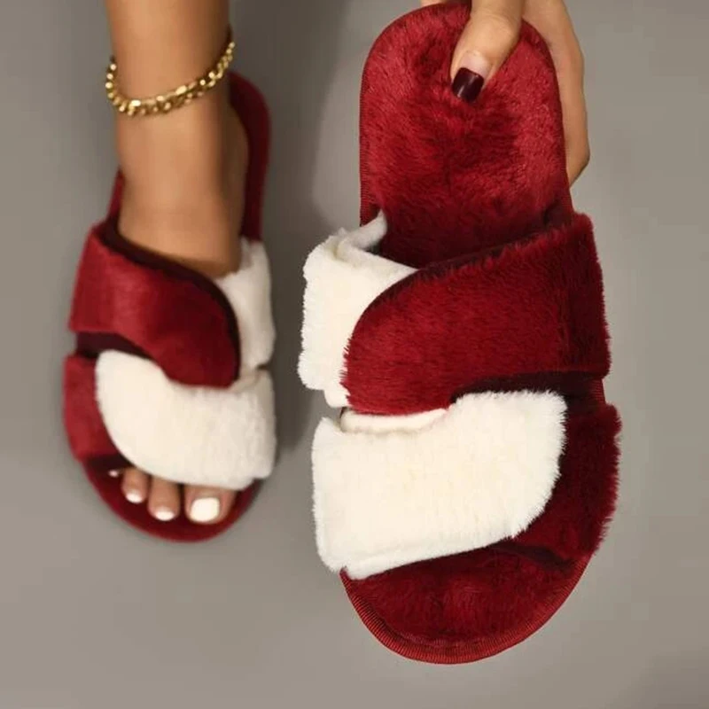 

Women Fur Slippers Fashion Open Toe Indoor Leisure Braided Cross Plush Solid Color Winter Flat Keep Warm Female Slippers