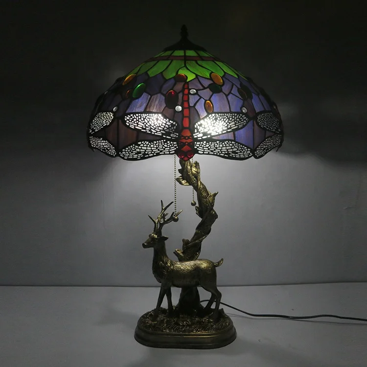 

LongHuiJing Tiffany Lamp 16 Inch Dragonfly Style Stained Glass Lampshade Desk Lights With Resin Deer Base