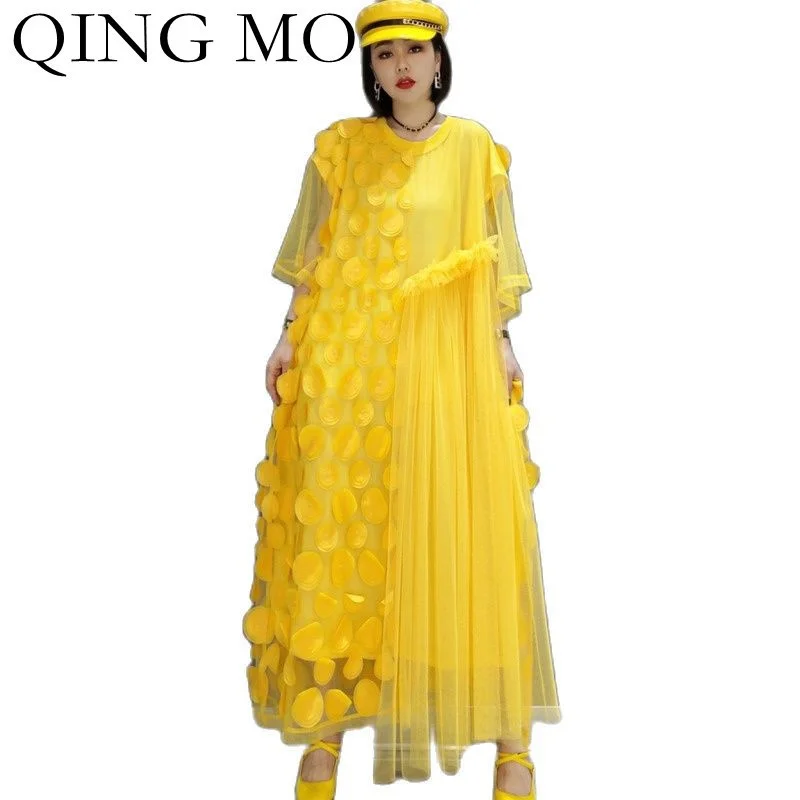 

QING MO Summer Fashion Solid Color Dot Pattern Stitching Dress Women 2023 New Loose And Thin Chiffon Short Sleeved Dress ZWL994