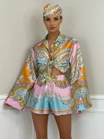 vintage print shirt 2 piece sets women with headscarf flare sleeve blouses tops high waist shorts 2022 summer beach outfits
