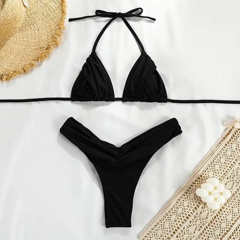 Women Solid Swimsuit Two Piece Bandage Bikini Mujer Push Up Swimwear Bathing Suit High Cut Solid Thong Biquini Beachwear