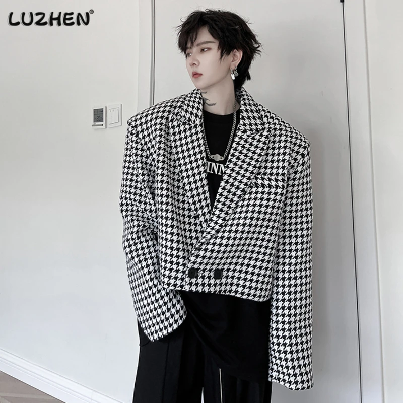 

LUZHEN Elgance Men's Blazers Korean Style Plaid Short Suit Coat Tide Male Clothing Versatile Simple Casual Jackets Trend B6e2fe