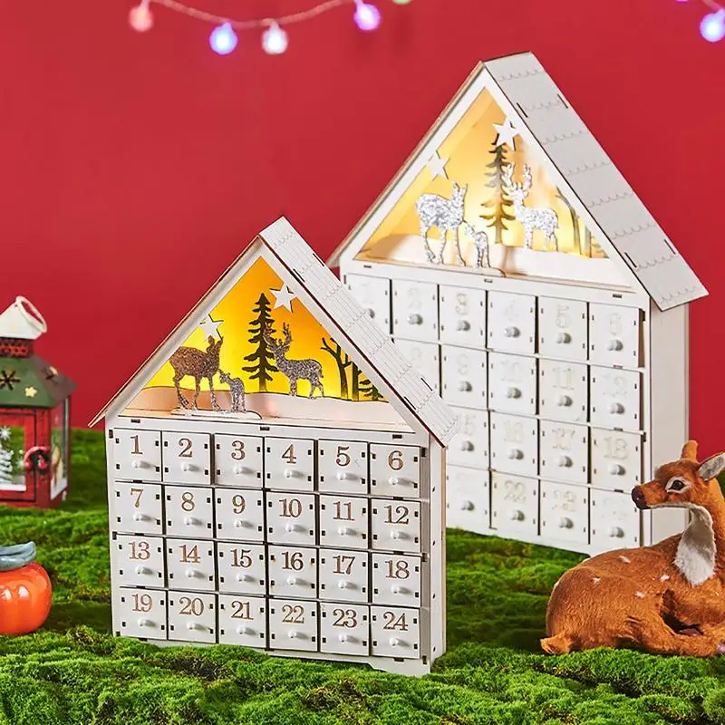 

Рождественское деревянное праздничное украшение, светодиодные огни, календарь с обратным отсчётом 24 дня, ручная работа в форме дома