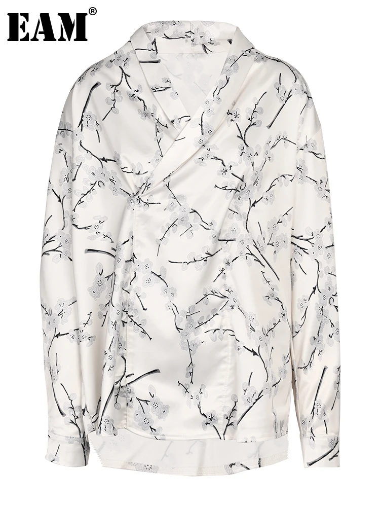 

[EAM] Women White Printed Big Size Elegant Blouse New V-neck Long Sleeve Loose Fit Shirt Fashion Tide Spring Autumn 2023 1DF9501