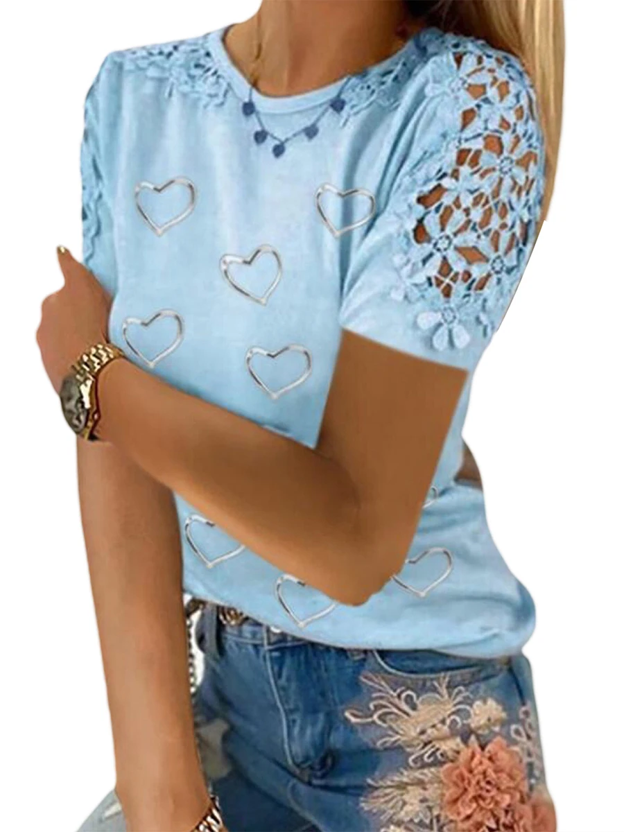 

Women s Lace Short Sleeve Tops Summer Crochet Heart Print Round Neck Loose T-Shirts