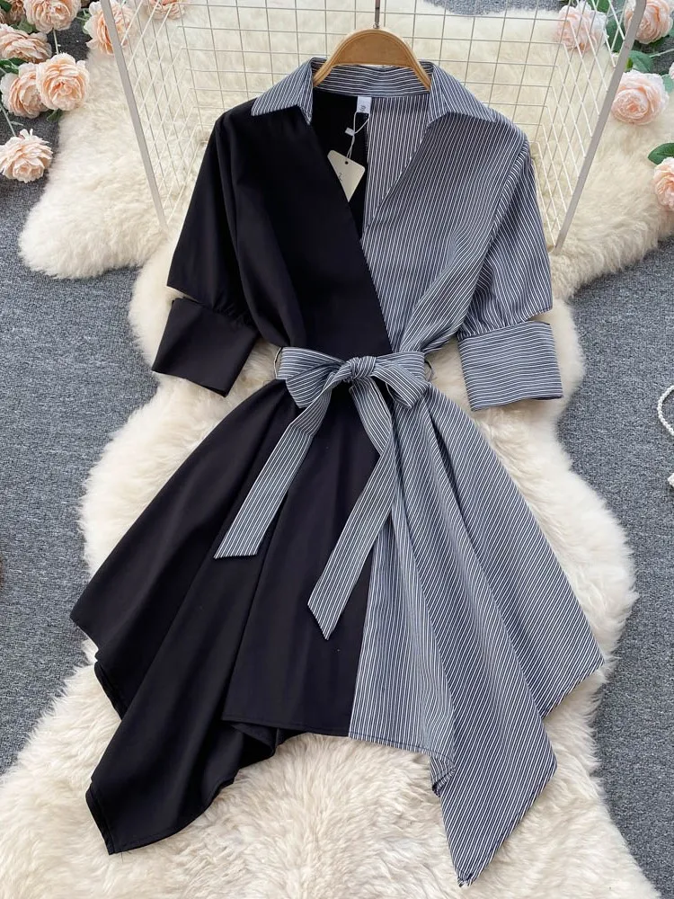 

Женское платье-рубашка с отложным воротником, повседневное элегантное асимметричное платье-рубашка составного кроя на шнуровке, лето 2023