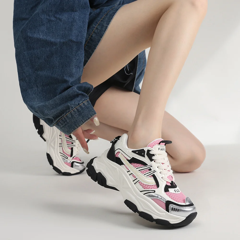 SOMILISS Women Platform Chunky Sneakers Genuine Leather Mesh Pachwork Breathable Fashion Lady Lace-Up Summer Spring Causal Shoes