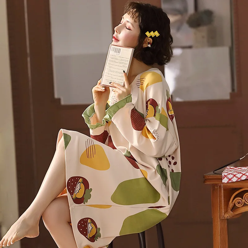 Spring Autumn New Women's Nightdress Loose Long Sleeve Nightdress Home Service Sexy Sleepwear Women Night Gown Sleep Tops