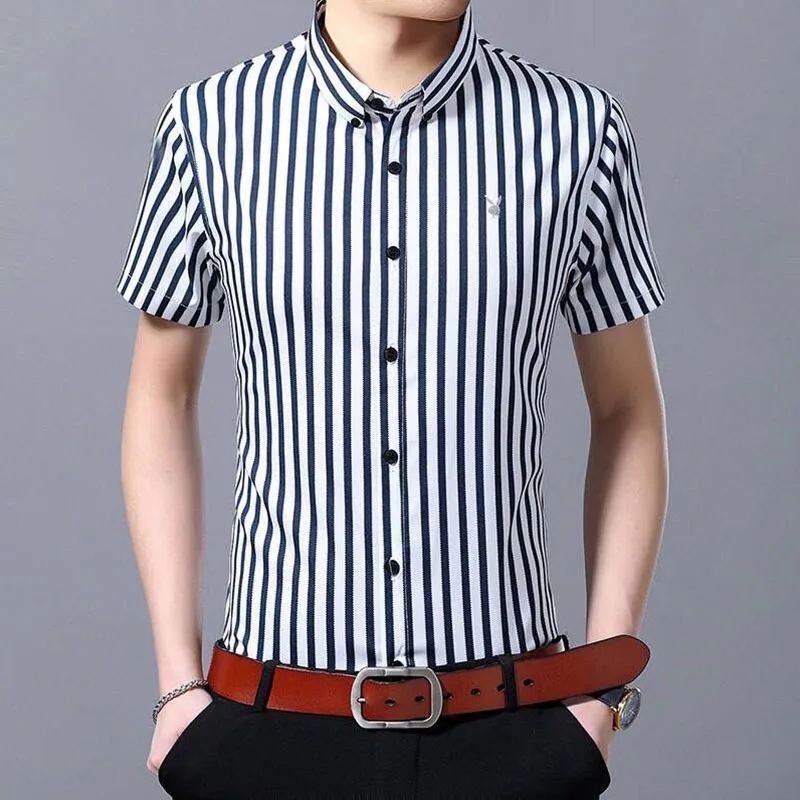 Fashion Men Summer Short Sleeve Striped Shirt Streetwear Business Lapel Male Clothes Loose Thin Quick-drying Basic Casual Tops