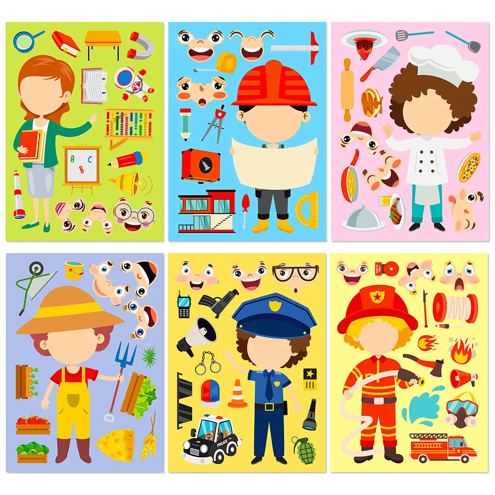 

6/12Sheets Make a Face Stickers Firefighters Police Engineer Officers Sticker Children Activity Sticker Funny Educational Decals