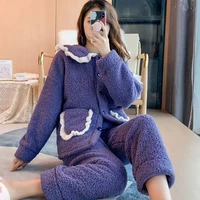 autumn and winter new coral velvet solid color lace cute cartoon sweet pajamas plus velvet thick warm pajamas