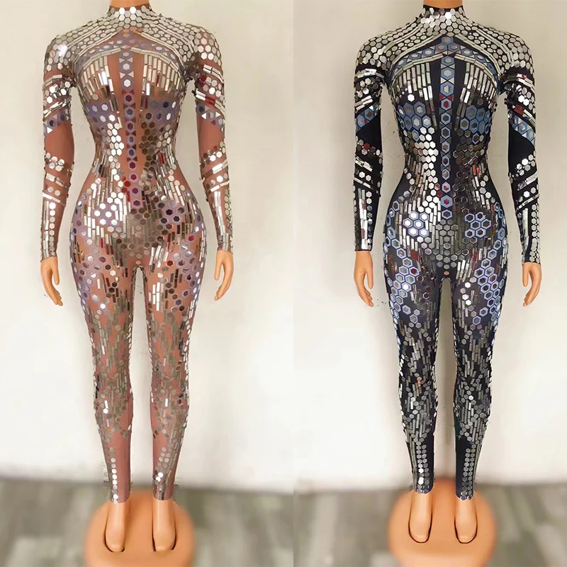 

Mirror Costumes Sequin Black Jumpsuit Diamond One Piece Trousers Leotard Rave Festival Outfit Stage Performance Clothes XS4552