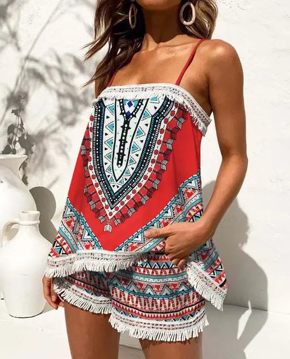 

Women Retro Two Pieces Sets Tribal Print Tassel Trim Cami Top + Shorts Set Fashion Patchwork Shirt Tracksuits Streetwear Mujer