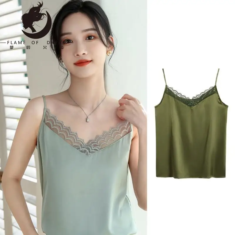 

Flame Of Dream Satin Silk Knitted Suspenders Top In Spring And Summer New V-neck Lace Suspender Vest With Beautiful Back 221274