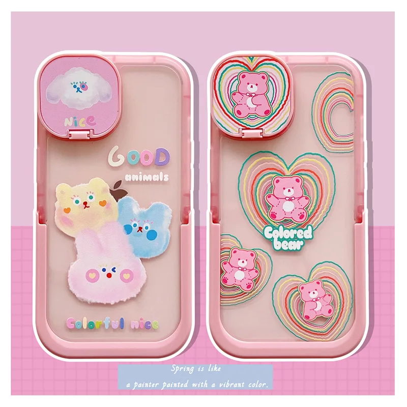 

Mirror Lens Bracket Graffiti Cute Bear Phone Case Cover for IPhone 11 12 13 Pro X XR XS Max Shockproof Case for IPhone 13 Cases