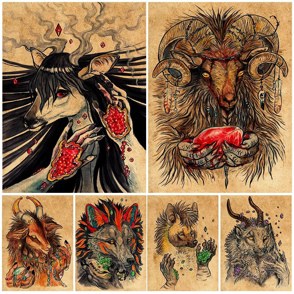 

Mysterious Wolf And Gem Vintage Wall Art Canvas Painting Home Decoration Animals Sacrificing Jewelry Poster And Prints Unframed