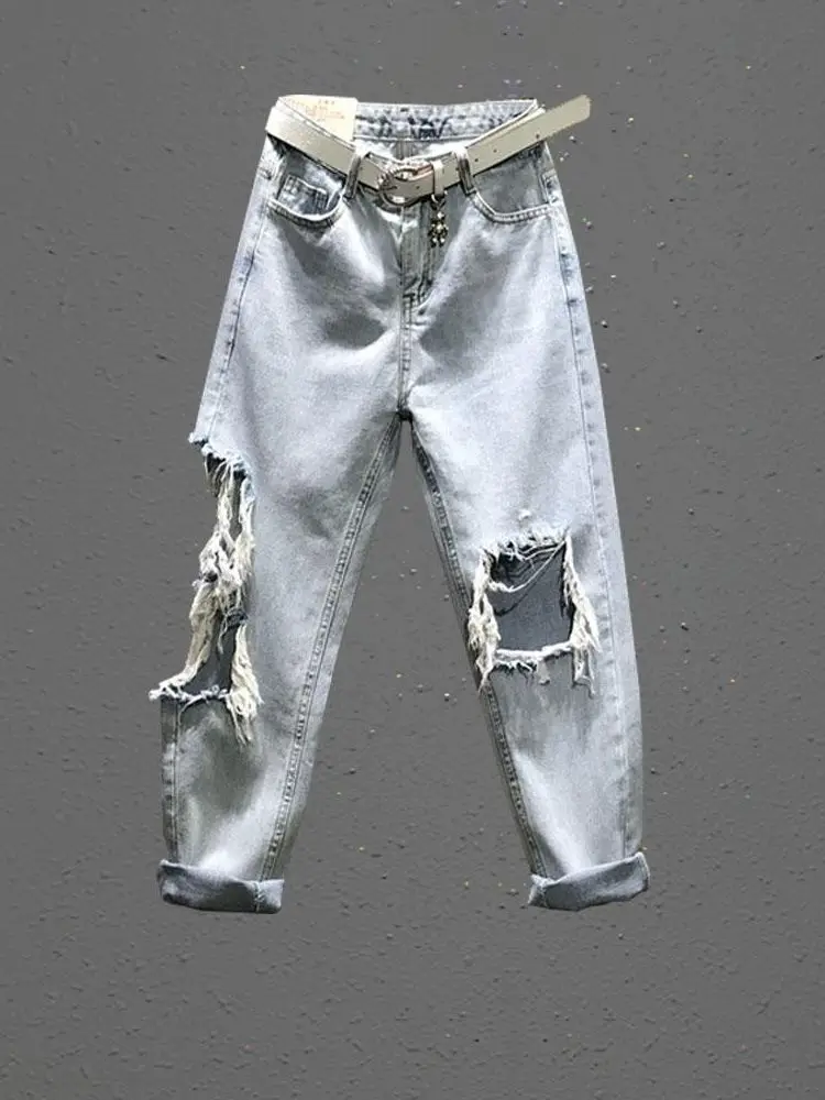 

Personality Light-colored Ripped Jeans Women's Summer 2022 New Korean Streetwear Trousers Fringe Denim Harem Beggar Pants