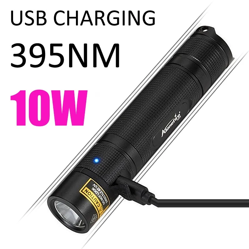 

395nm Purple Light Flashlight USB Charging Convenient to Carry 10W Power Flashlight Aluminum Alloy Waterproof
