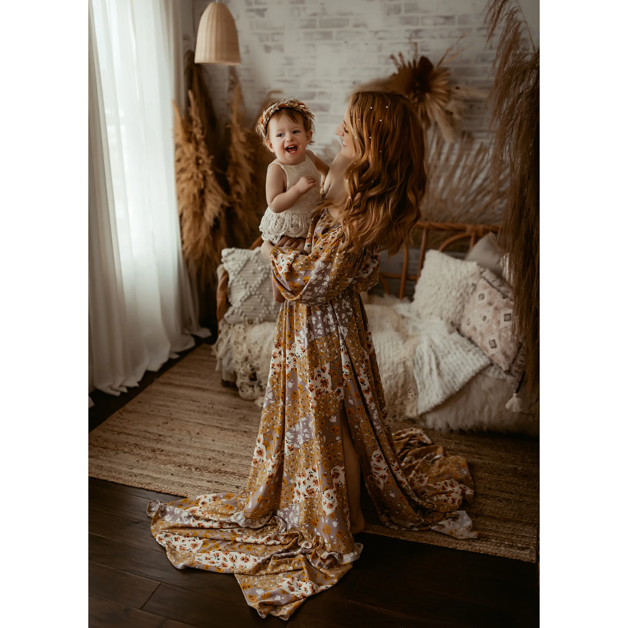 Enlarge Photo Shoot Props Maternity Puff Long Dress Sleeves Pregnant Chiffon Floral Gown Maxi Robe for Woman Photography Accessories