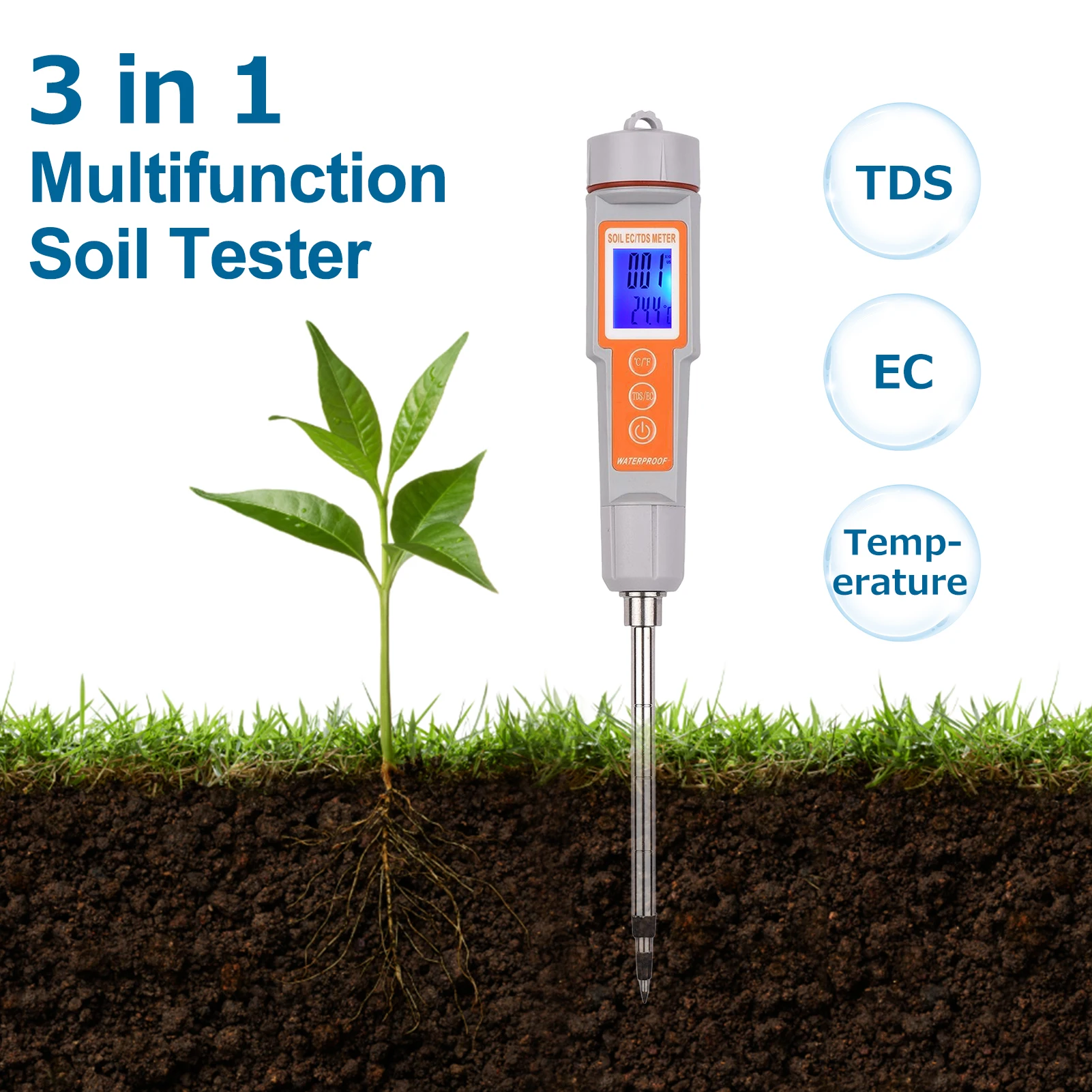

Soil Tester 3 in 1 Multifunction EC/ TDS/ Temperature Digital Soil Test Probe Meter with Backlight Screen Portable