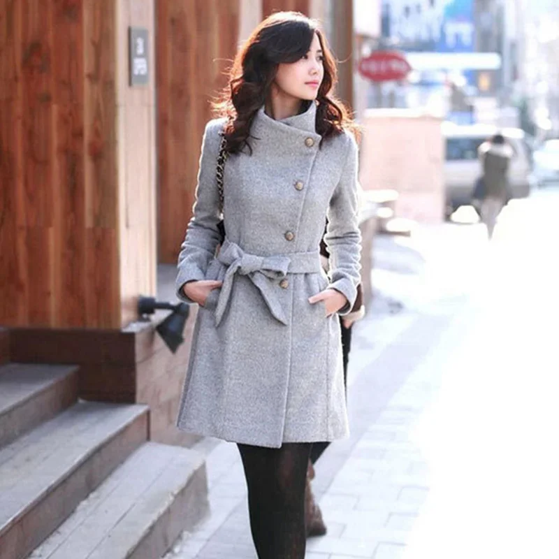 

Winter Autumn Women New Single Breasted Mandarin Collar Wool Female Slim Fashion Temperament Sashes Tweed Coat ZX1336