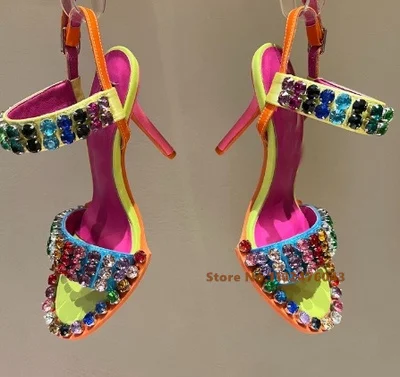 

Сандалии женские на высоком каблуке, босоножки с разноцветными кристаллами, пряжка на щиколотке, пикантные Роскошные вечерние туфли в этническом стиле для свадьбы, лето