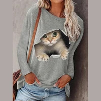 fashion women spring and autumn casual t shirts long sleeve hoodies cute cat print pullover tops round neck tops
