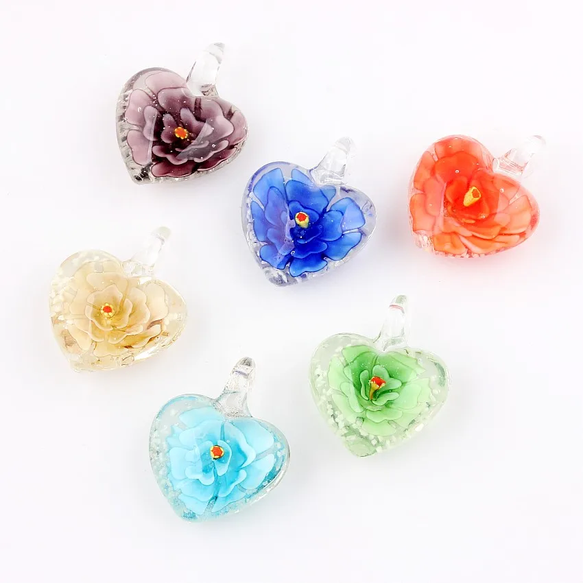 

QianBei Wholesale 6pcs Mix Color Heart Peach Flower Pendant Fit Necklace Handmade Murano Lampwork Glass Women