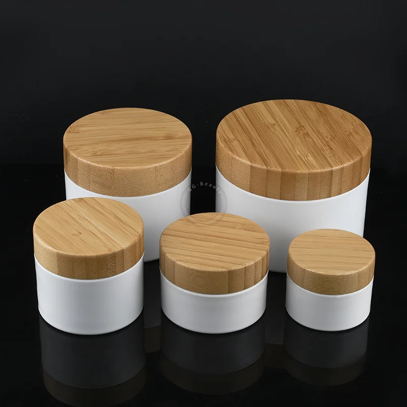 

3Pcs/Lot 10g 1OZ 50g 100g 150g 200g 8OZ White Plastic Bottle Cream Mask Jars with Natural Bamboo Lid Lip Balm Sample Travel Cans