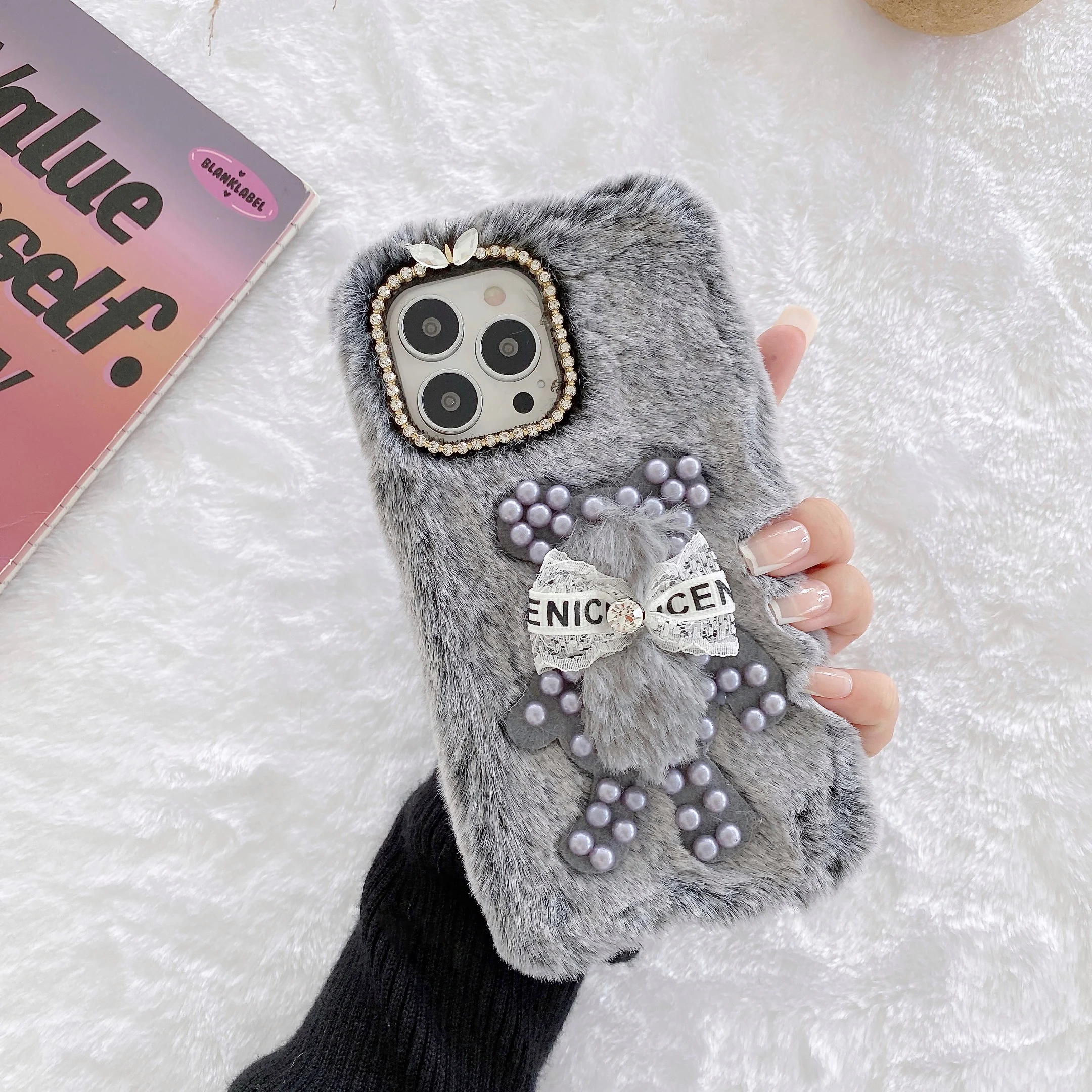 3D милый медведь жемчуг Пушистый Плюшевый Меховой чехол для телефона iPhone 12 11 13 mini